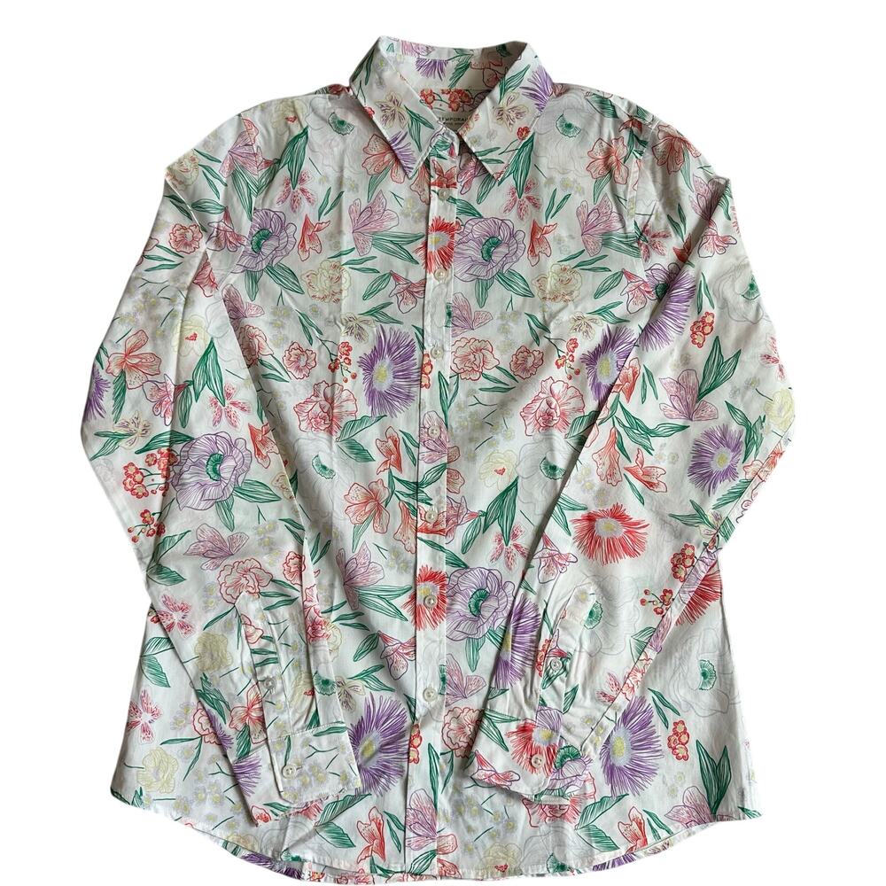 Contemporaine White, Multicolor Floral Print, Long Sleeve Button Up Blouse- S